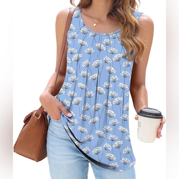 DILIUXING Women's Summer Tunic Top Short Sleeve Sleeveless Round Neck Pleated - Picture 2 of 3